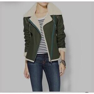 REBECCA MINKOFF Quinn Green Faux Shearling Moto Bomber Jacket NWOT